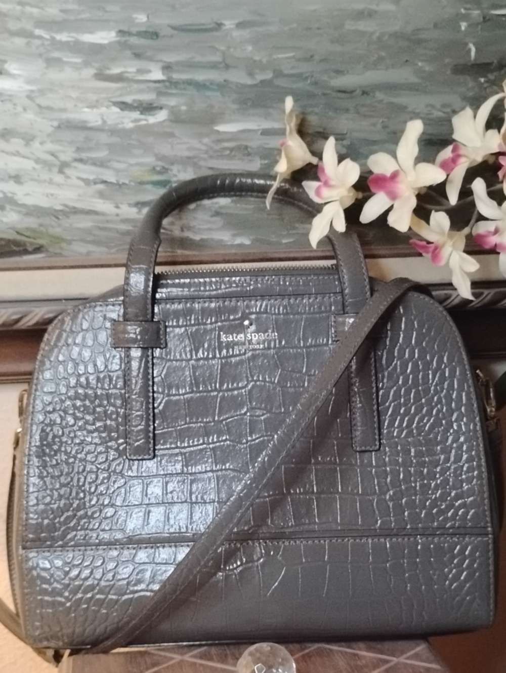 kate spade Croc-Embossed Satchel in Dark Brown with Gold Hardware - Picture 5 of 11
